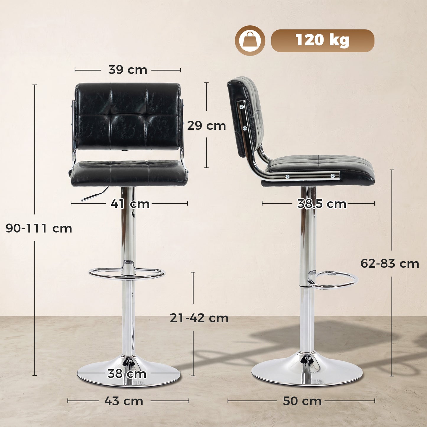 Bar Stools Modern PU Leather Adjustable Breakfast Bar Stools Backrest Set of 2 Black