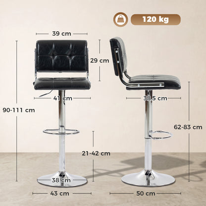 Bar Stools Modern PU Leather Adjustable Breakfast Bar Stools Backrest Set of 2 Black