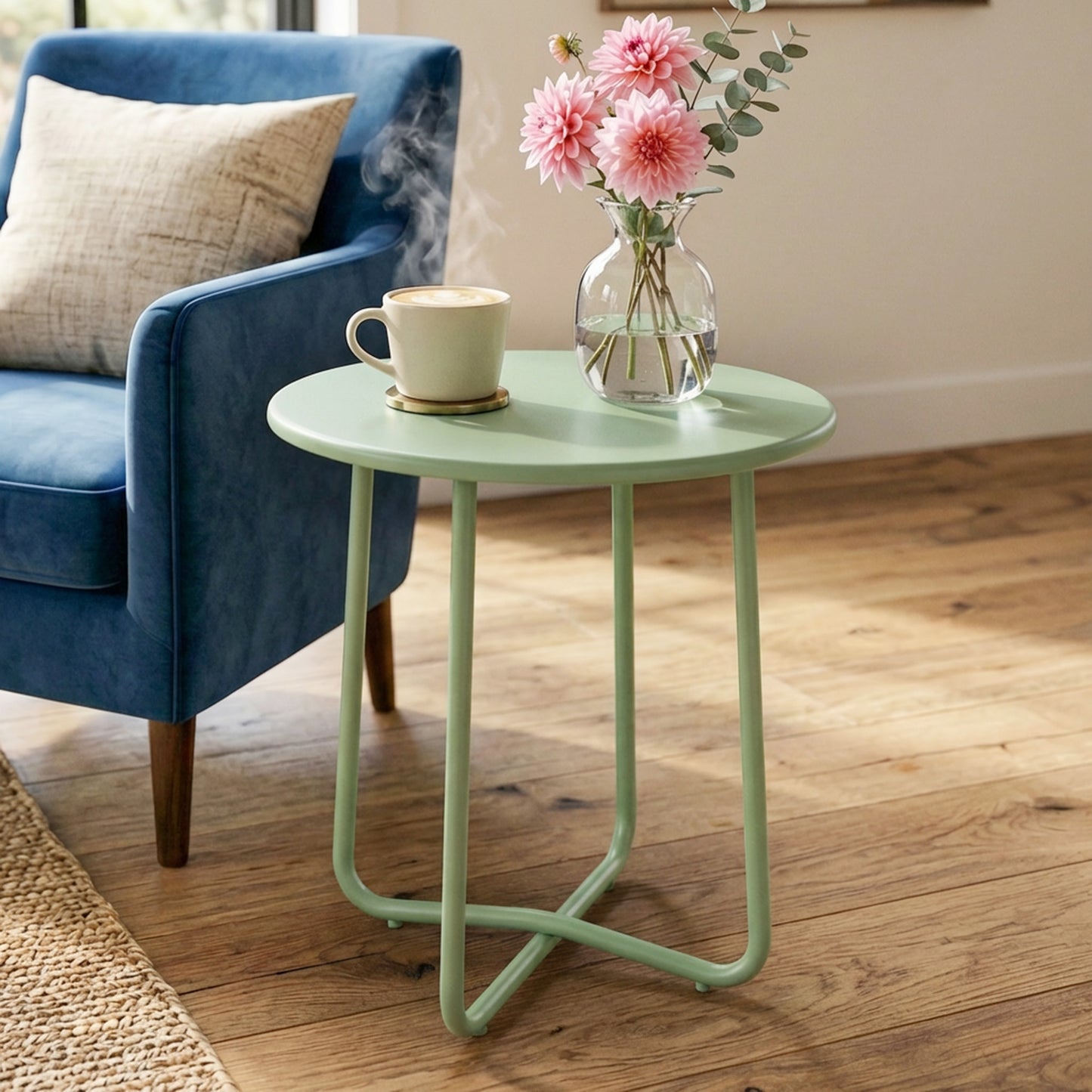 48 cm Round Garden Side Table, Small Metal Outdoor Garden Table with Rolled Edge, Green