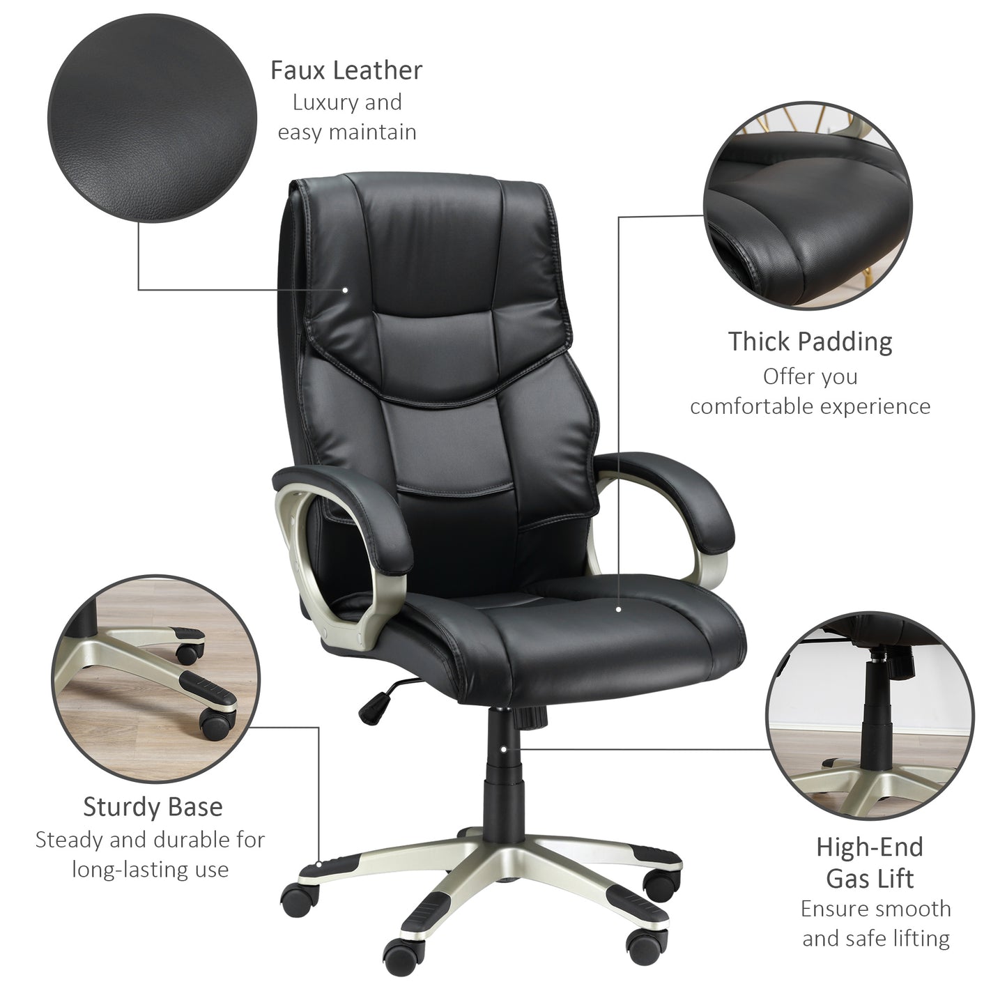 Home Office Chair High Back Computer Desk Chair with Faux Leather Adjustable Height Rocking Function Black