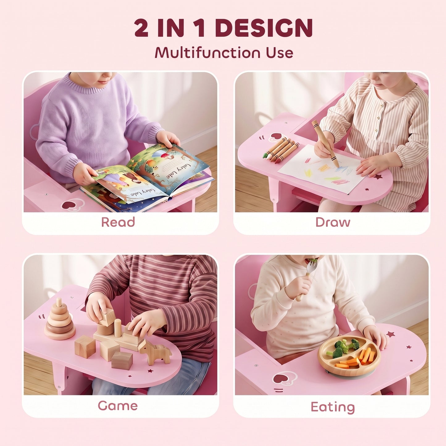 Kids Table and Chair Set, Children Desk and Chair with Storage Bins for Playing, Reading, Painting, for Ages 3-5, Pink