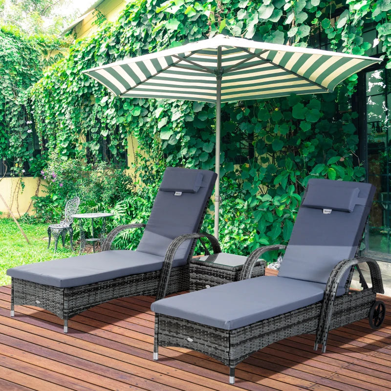 Rattan Wicker Garden Wheeling Recliner Sun Loungers with Cushions and Side Coffee Table - 3 Pieces