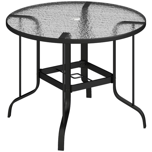 Tempered Glass Top Round Outdoor Dining Table with Parasol Hole, 96.5 x 96.5 x 71 cm