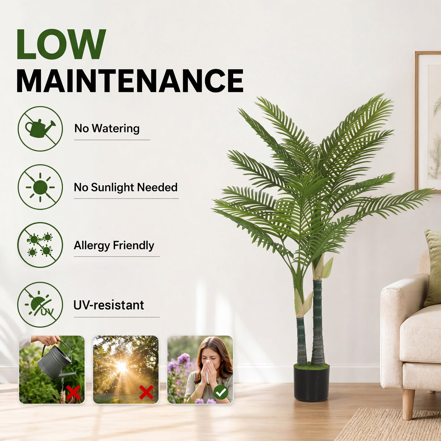 Artificial Palm Tree with 16 PEVA Leaves, 150cm Decorative Artificial Plant with Pot and Moss Effect, Green