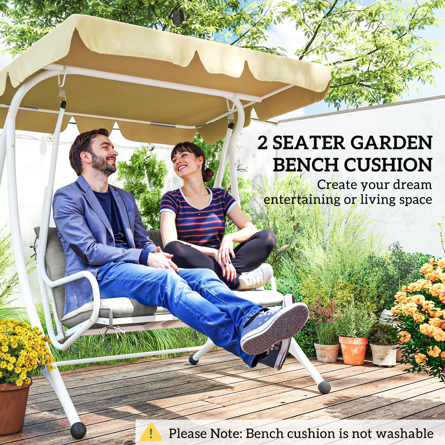 2 Seater Bench Pad, Garden Chair Cushion with Back and Ties for Indoor and Outdoor Use, 98 x 100 cm, Light Grey