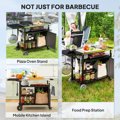 Outdoor BBQ Trolley with Foldable Side Table, Stainless Steel Top, Outdoor Kitchen with Wheels Hooks Shelves Cabinet