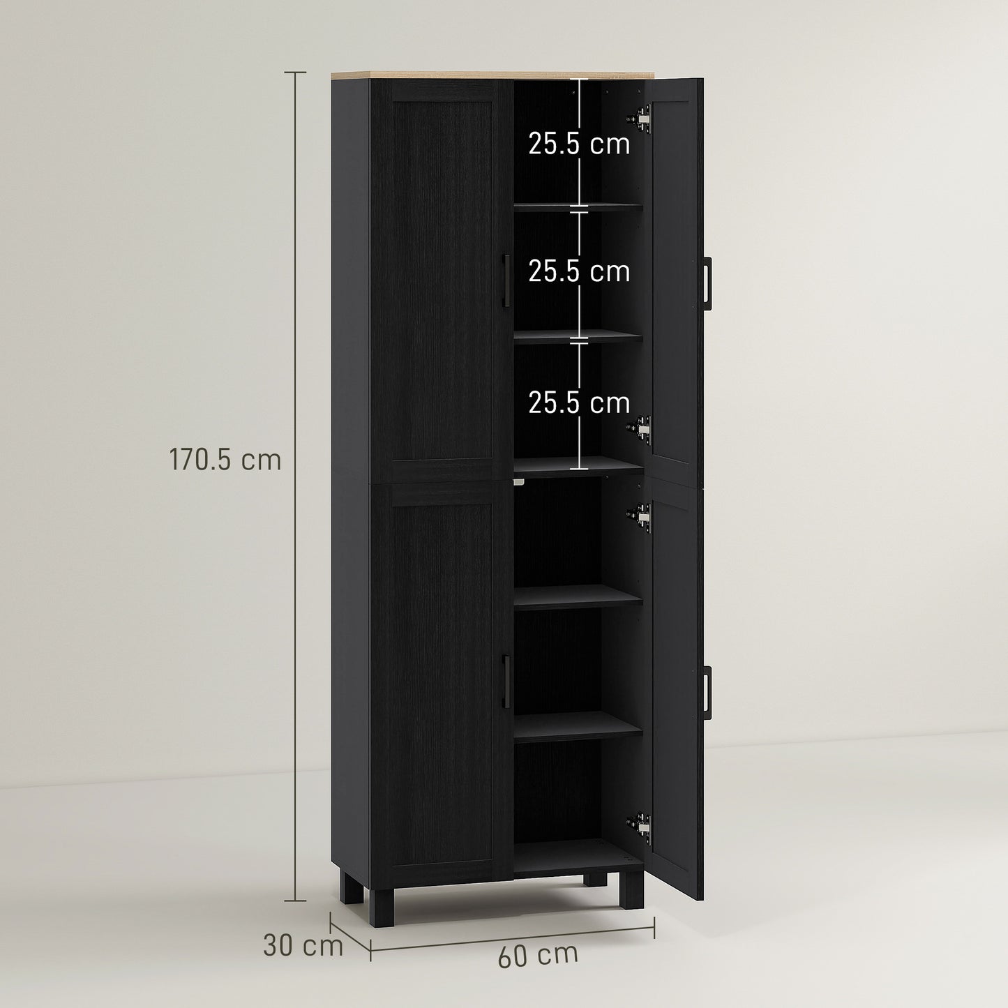 Freestanding Kitchen Cupboard, 4-Door Storage Cabinet with Adjustable Shelves, Modern Kitchen Pantry, 170cm, Black