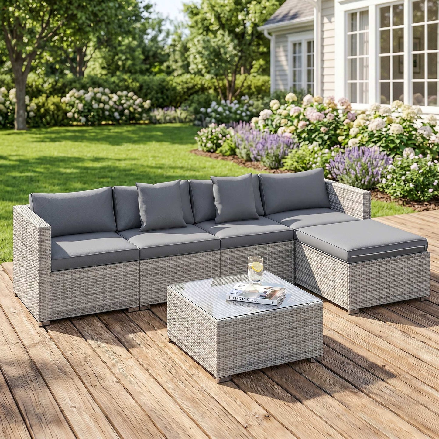 6 Pieces Rattan Corner Sofa Set - Mixed Grey