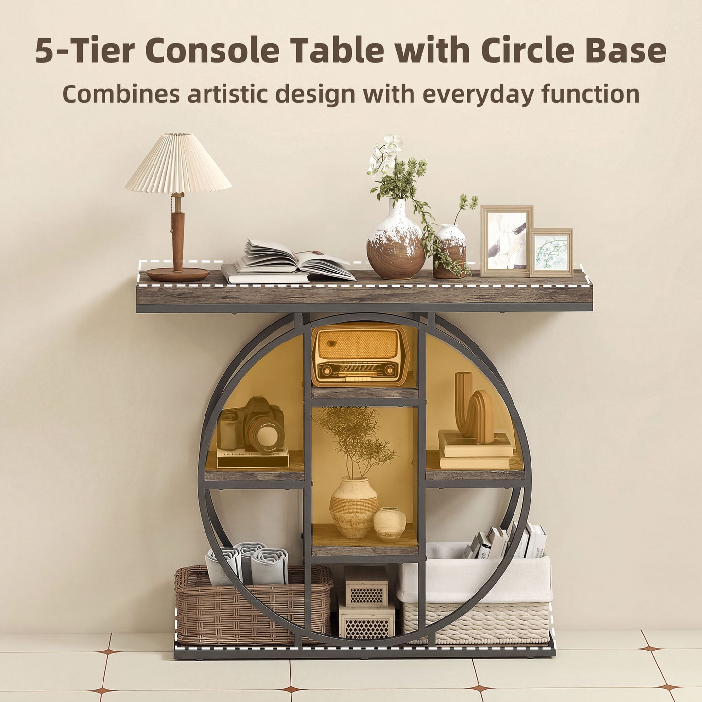 Industrial Console Table with Storage Shelves - Rustic Brown