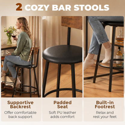 Space Saving Bar Table and PU Leather Stools for 2, 3 Piece Breakfast Bar Table Set with Storage Shelves, Rustic Brown