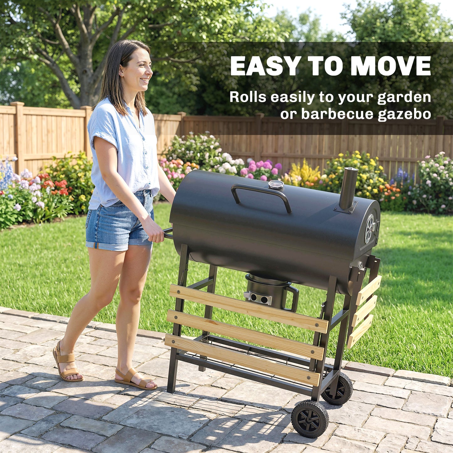 Charcoal Grill, Barrel BBQ Smoker with Warming Rack, Charcoal BBQ Grill with Foldable Shelves, Natural Wood and Black