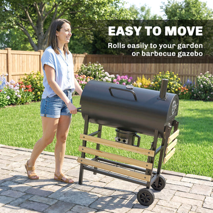 Charcoal Grill, Barrel BBQ Smoker with Warming Rack, Charcoal BBQ Grill with Foldable Shelves, Natural Wood and Black