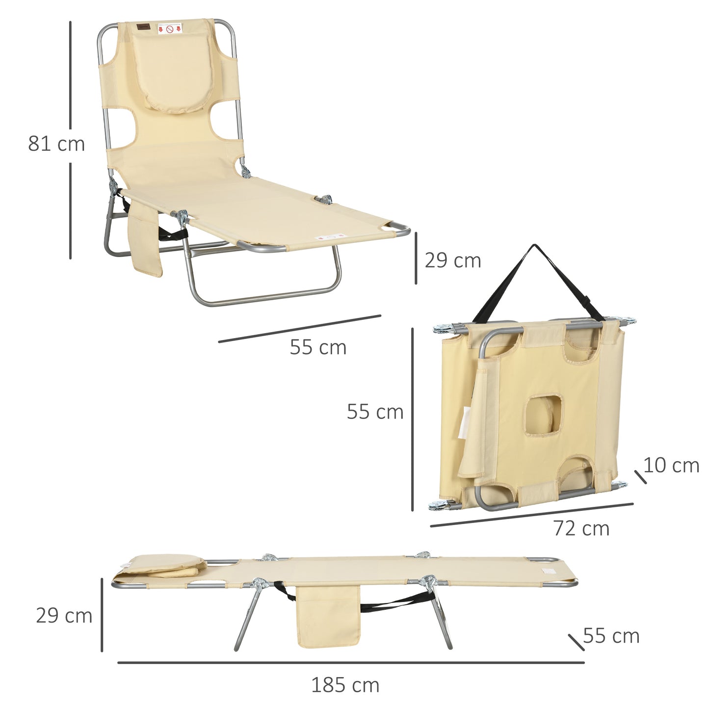 Foldable Sun Lounger, Beach Chaise Lounge with Reading Hole, Arm Slots, 5-Position Adjustable Backrest, Side Pocket