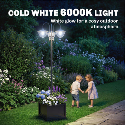 189cm 3-head Solar Lamp Post, Street Light with Planter, Automatic-on, 6 Hour Max Outdoor Ready LED Lighting, Black