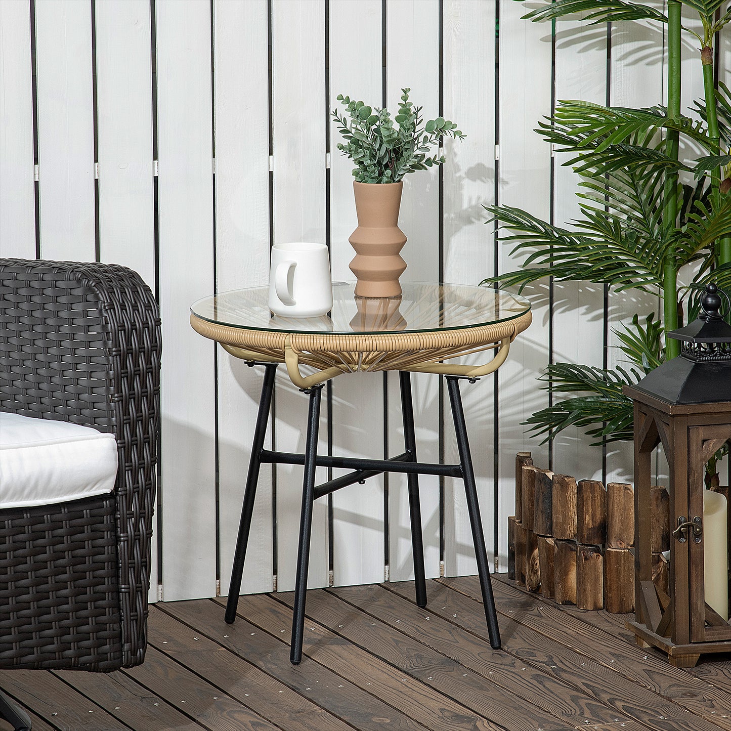 Rattan Side Table, Round Outdoor Coffee Table, with Round PE Rattan and Tempered Glass Tabletop for Patio, Garden, Balcony