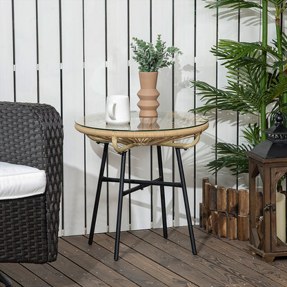 Rattan Side Table, Round Outdoor Coffee Table, with Round PE Rattan and Tempered Glass Tabletop for Patio, Garden, Balcony