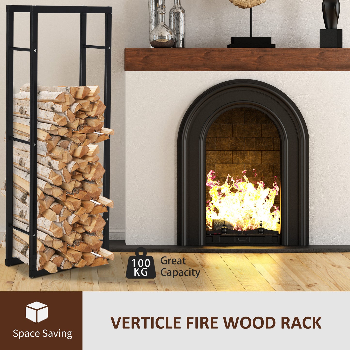 Metal Firewood Log Holder Tall Firewood Rack Indoor Outdoor Fireplace Wood Storage Shelf with Side Rails, Rust-Resistant