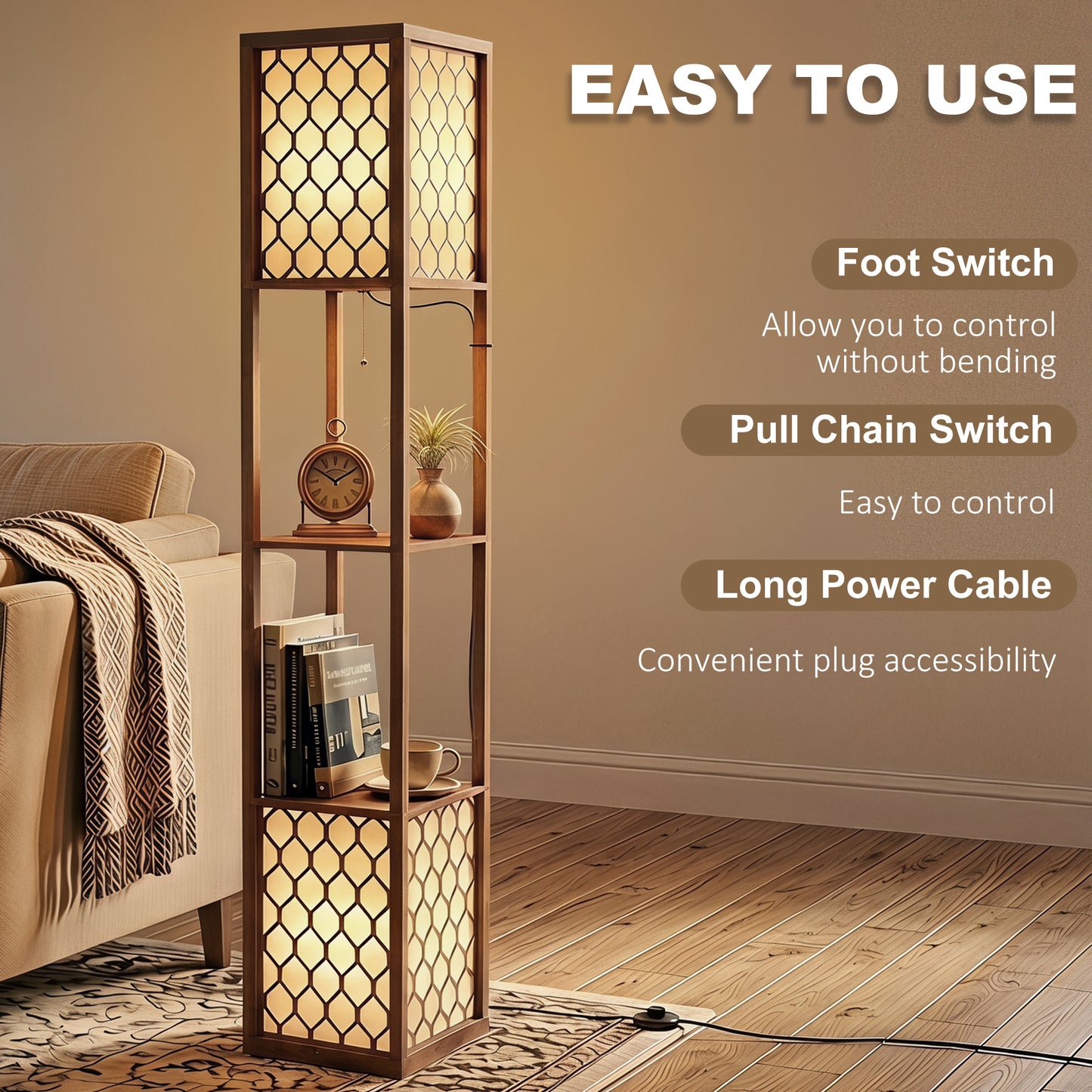 Floor Lamp with Shelves, Modern Tall Standing Lamp with Fabric Lampshades, Zipper Switch and Dual Light, Rustic Brown
