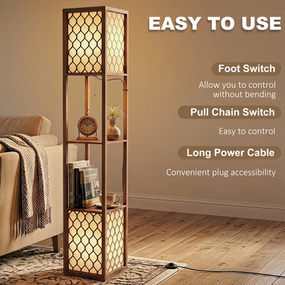 Floor Lamp with Shelves, Modern Tall Standing Lamp with Fabric Lampshades, Zipper Switch and Dual Light, Rustic Brown