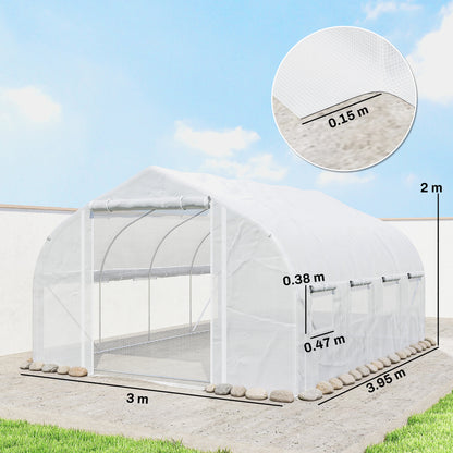 4 x 3(m) Walk-in Polytunnel Greenhouse, Zipped Roll Up Sidewalls, Mesh Door, 8 Mesh Windows, Tunnel Warm House Tent
