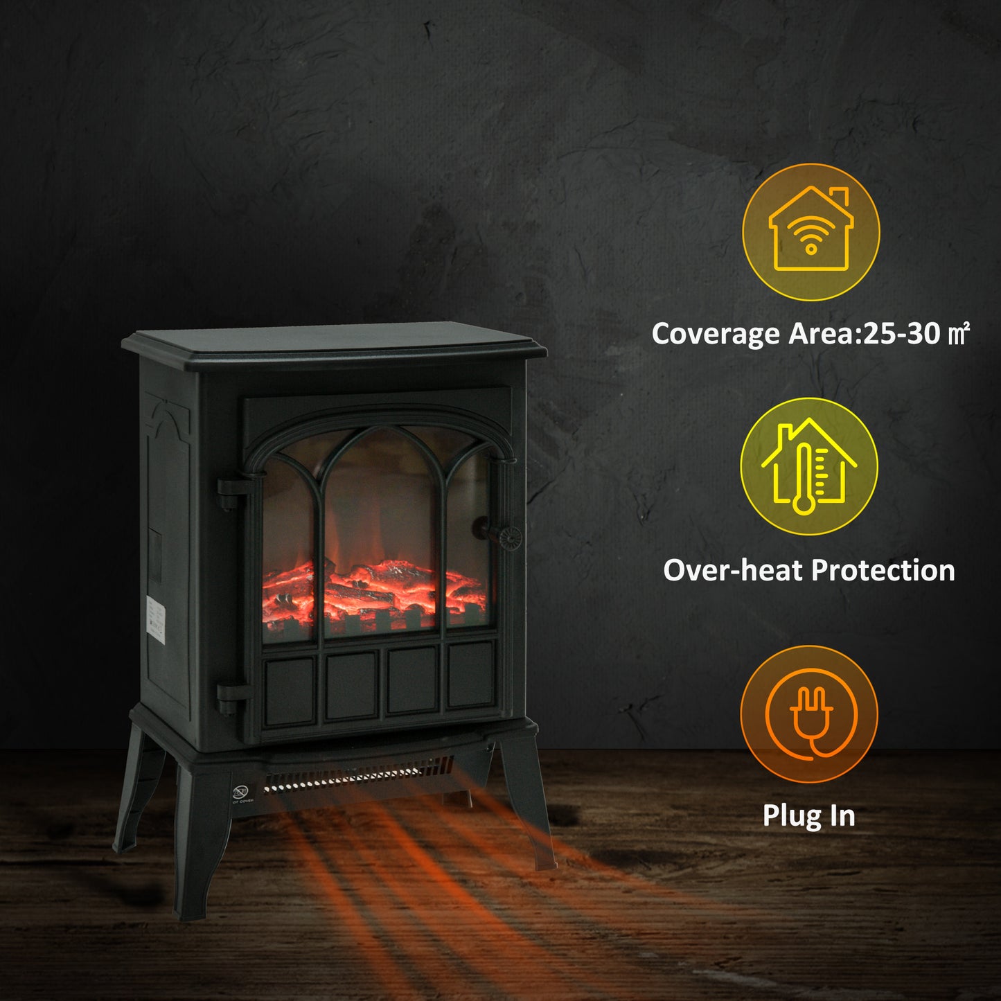 Freestanding Electric Fireplace, Electric Stove Heater with LED Flame Effect, Overheating Safety System, 1000W/2000W Black