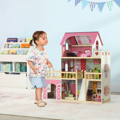 3-Storey Wooden Dolls House Play Set with 13 Pieces and Accessories