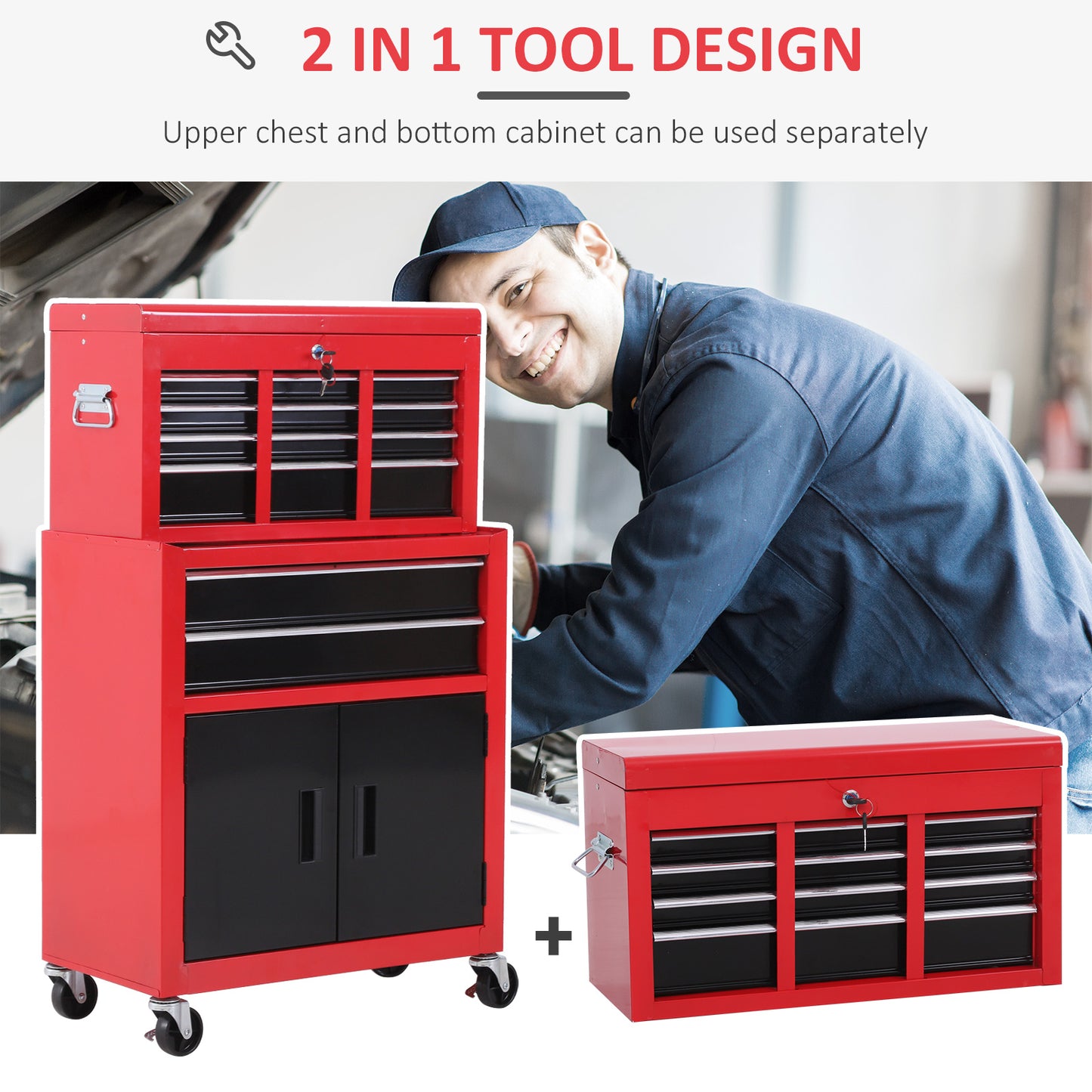 Tool Chest, Metal Tool Cabinet on Wheels with 6 Drawers, Pegboard, Top Chest and Roller Cabinet Combo, 61.6 x 33 x 108cm