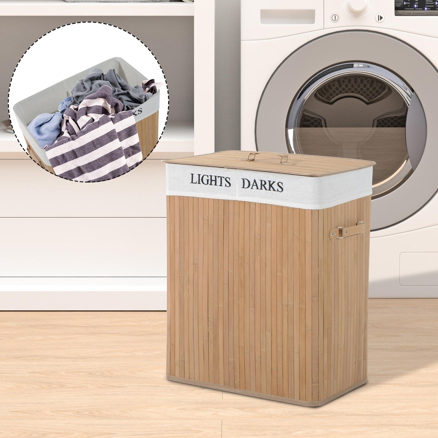 100L Collapsible Natural Wood Laundry Hamper Organizer Clothes Washing Basket Bin Storage Box w/Lid Removable Lining 52x32x63