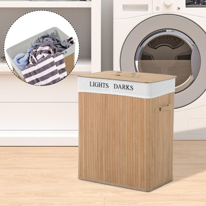 100L Collapsible Natural Wood Laundry Hamper Organizer Clothes Washing Basket Bin Storage Box w/Lid Removable Lining 52x32x63