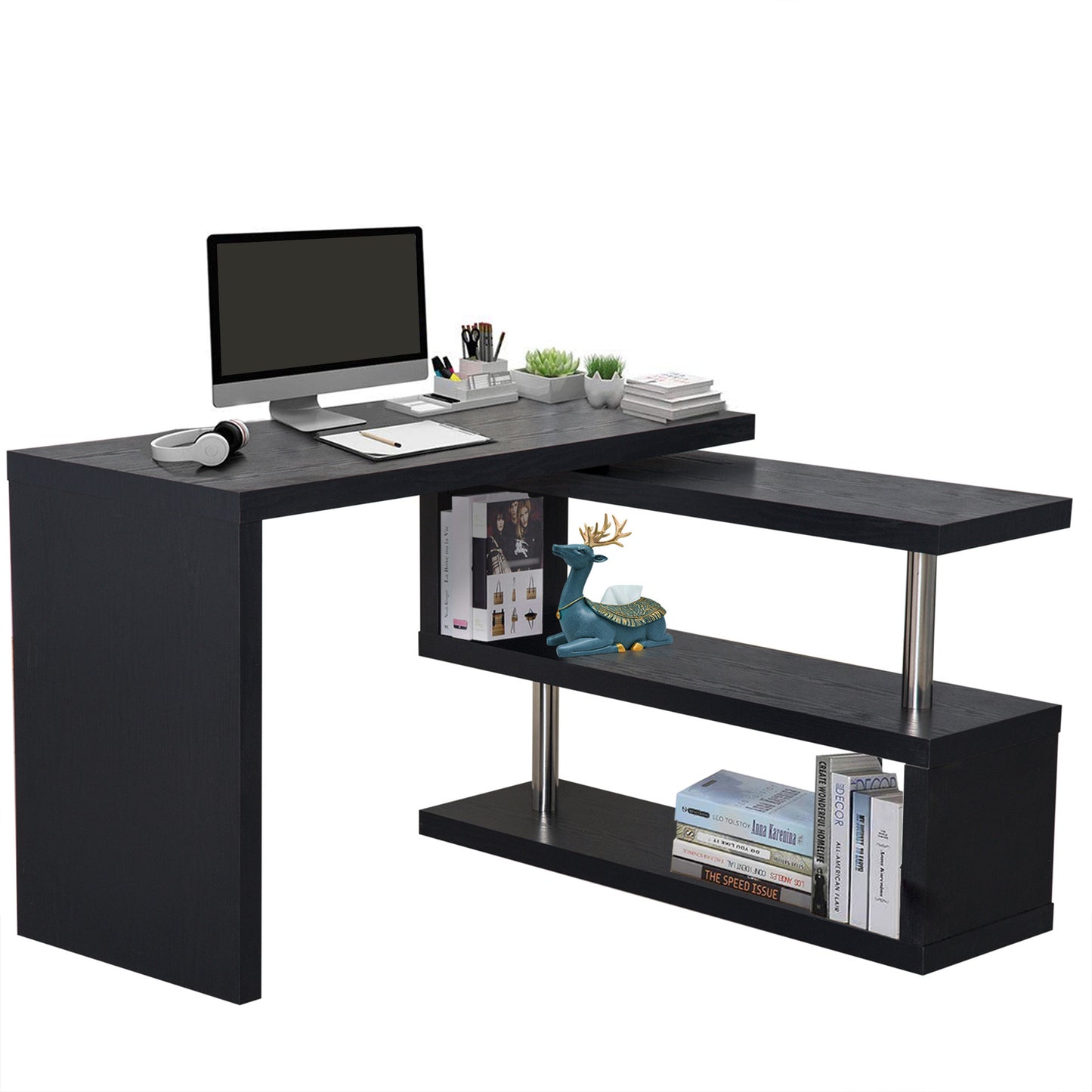 L Shaped Desk with 360° Rotating Storage Shelves, Corner Computer Desk, Space Saving Study Table for Home Office, Black