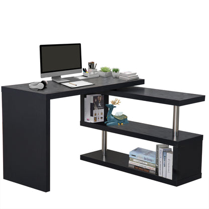 L Shaped Desk with 360° Rotating Storage Shelves, Corner Computer Desk, Space Saving Study Table for Home Office, Black