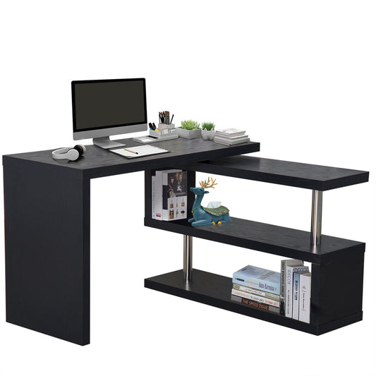 L Shaped Desk with 360° Rotating Storage Shelves, Corner Computer Desk, Space Saving Study Table for Home Office, Black