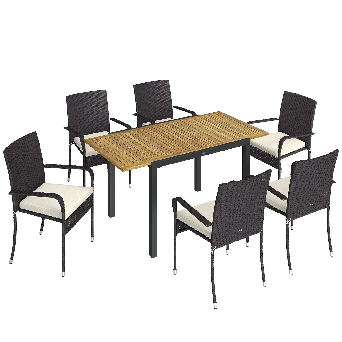 7 Piece Rattan Garden Furniture Set, 6 Seater Garden Table and 6 Stackable Chairs with Extendable Acacia Wood Tabletop