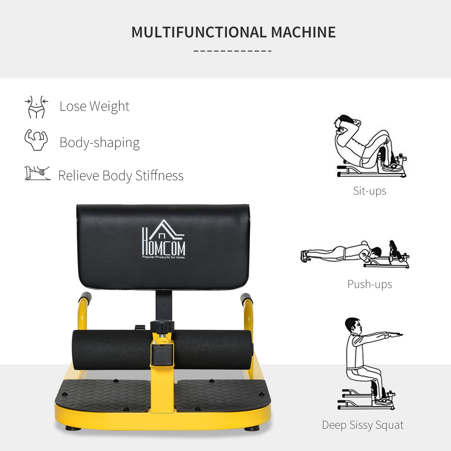 Squat Machine with Push Up Stand, Padded Hip Thrust Bench with Adjustable Cushion for Home Gym Work Out, Yellow