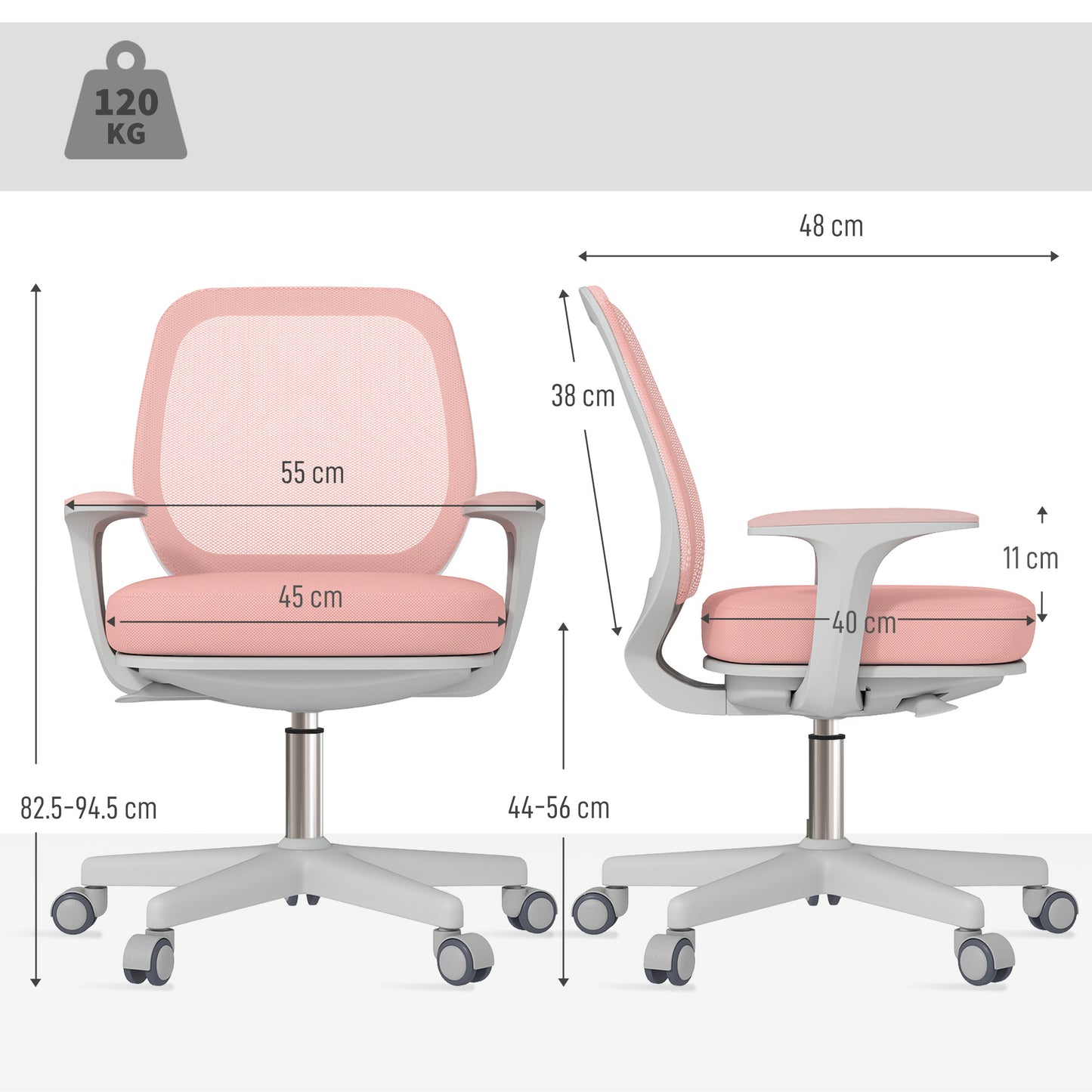 44-56cm Mesh Back Office Chair - Pink