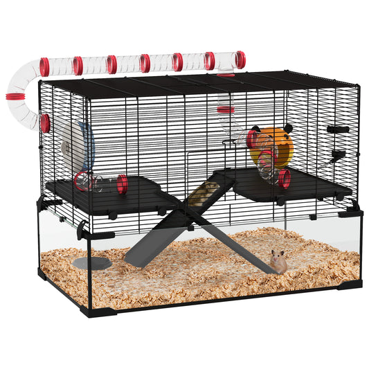 Gerbil Cage, Dwarf Hamster Cage, with Deep Glass Bottom, Tunnels, Ramps, Hut, Exercise Wheel, 78.5 x 48.5 x 57cm