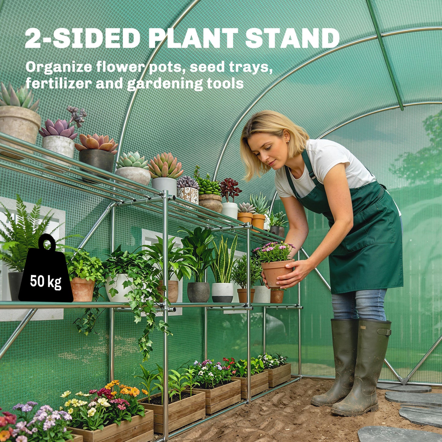Walk-in Greenhouse with Shelves, Polytunnel Greenhouse with Roll-Up Door, 6 Mesh Windows,198 x 275 x 191 cm, Green