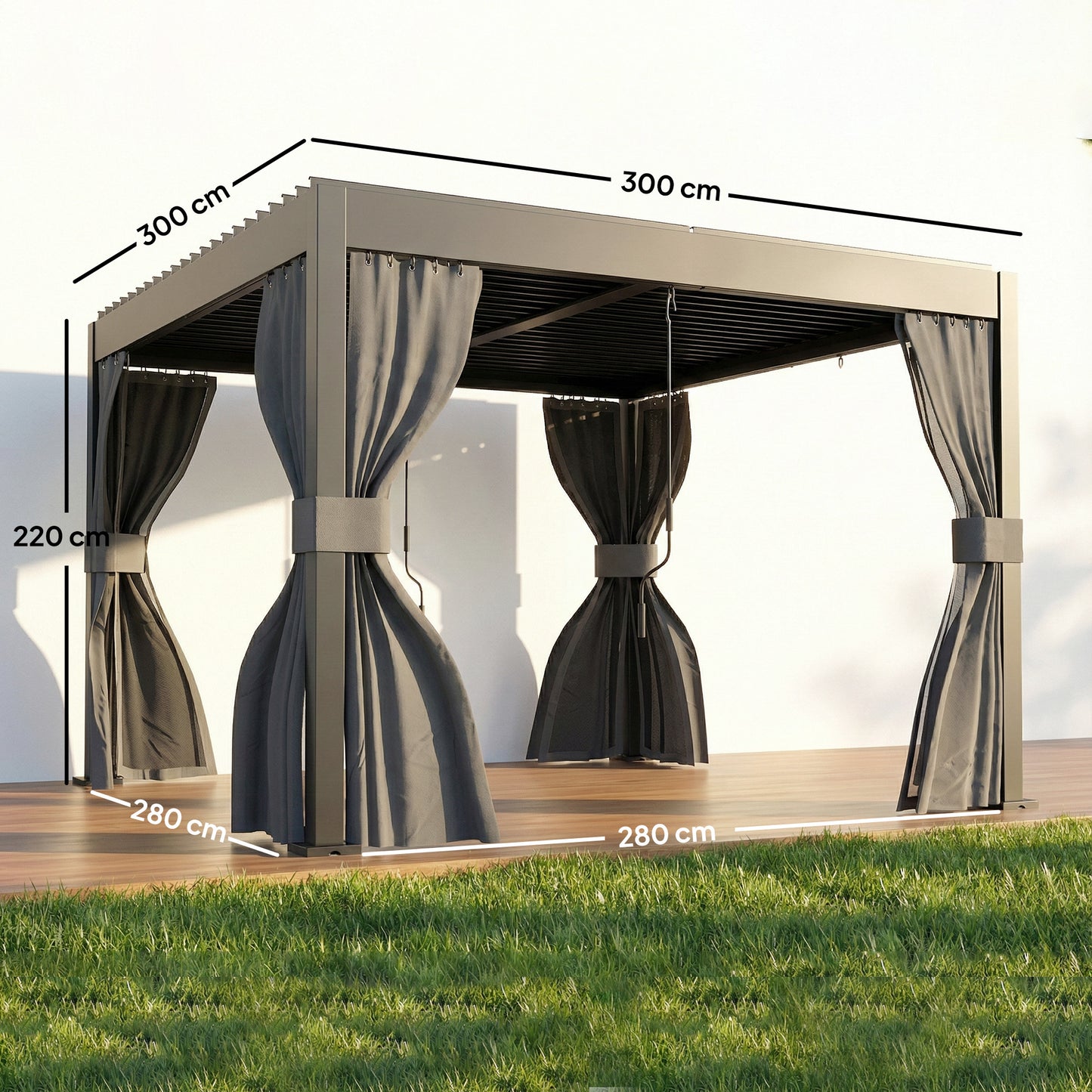 3 x 3 m Louvered Pergola with Adjustable Metal Louvred Roof, Aluminium Patio Gazebo with Netting and Curtains, Dark Grey