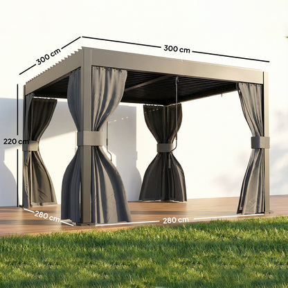 3 x 3 m Louvered Pergola with Adjustable Metal Louvred Roof, Aluminium Patio Gazebo with Netting and Curtains, Dark Grey