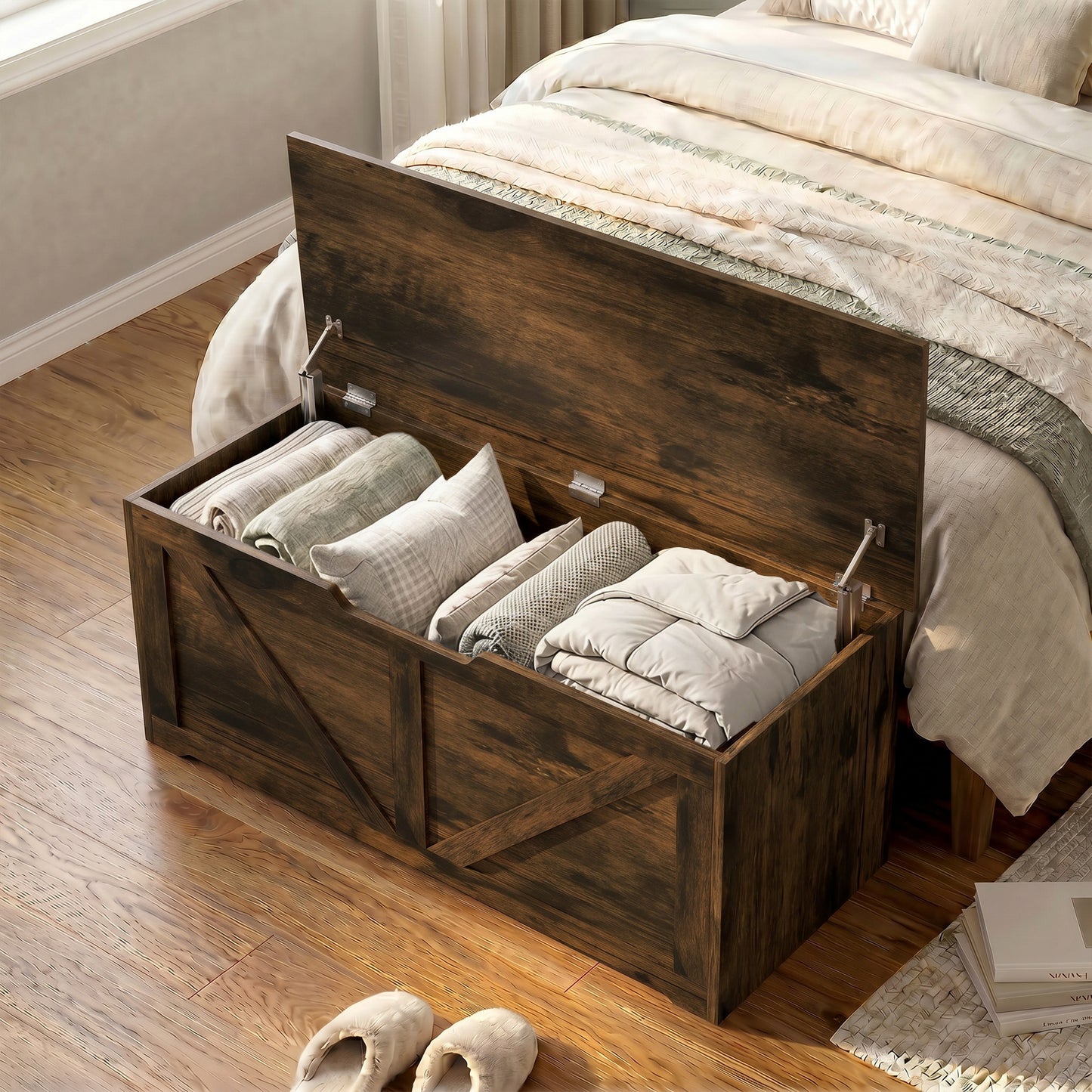 127L Home Storage Box, with Safety Hinges - Rustic Brown Wood-Effect