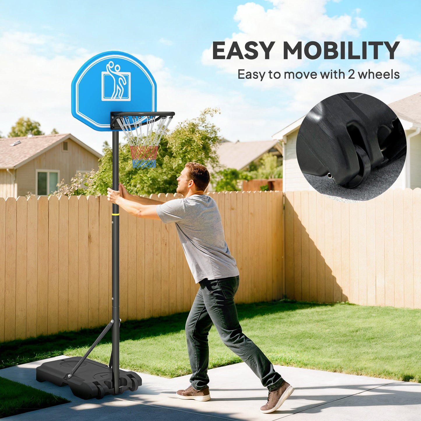 Adjustable Basketball Hoop and Stand, with Wheels and Weight Base, Blue