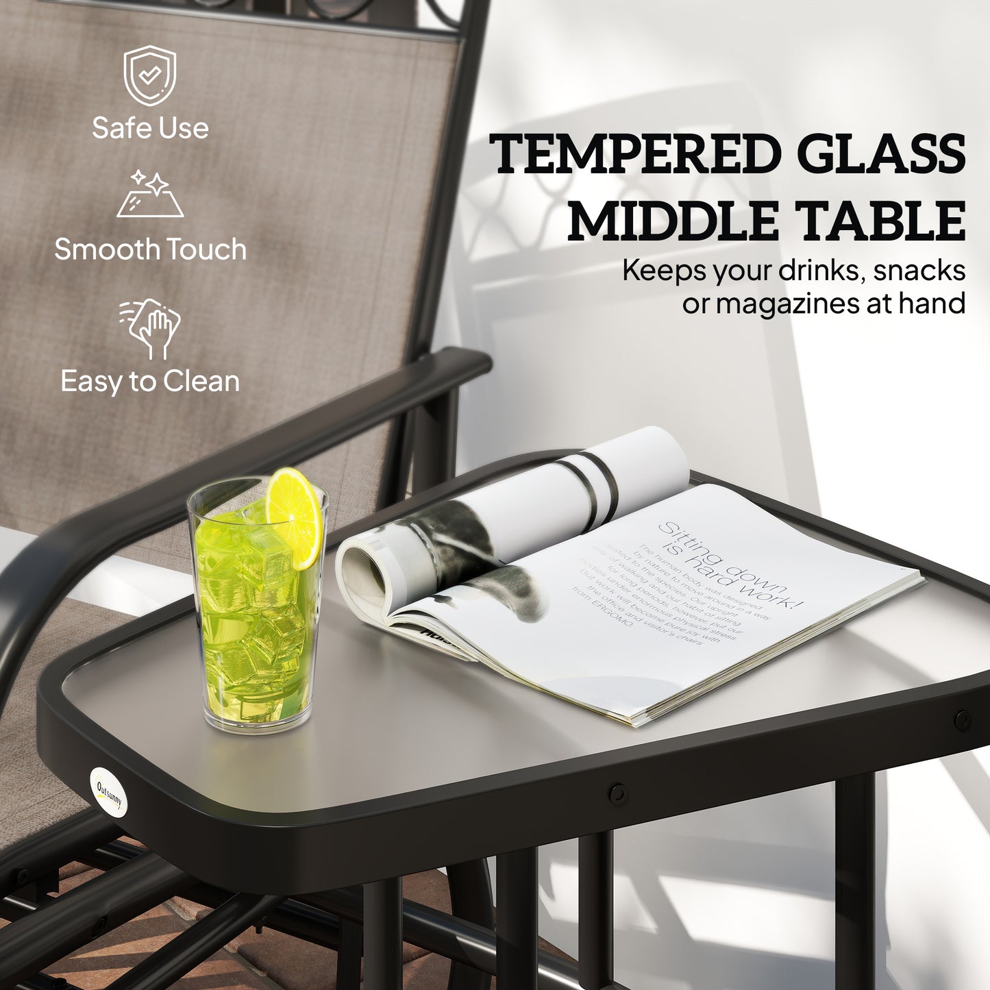 Double Outdoor Glider Chair, 2 Seater Patio Rocking Chairs, Swing Bench with Tempered Glass Table