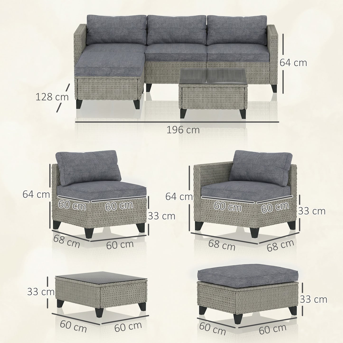 5-Piece Rattan Patio Furniture Set with Corner Sofa, Footstools, Coffee Table, for Poolside, Dark Grey