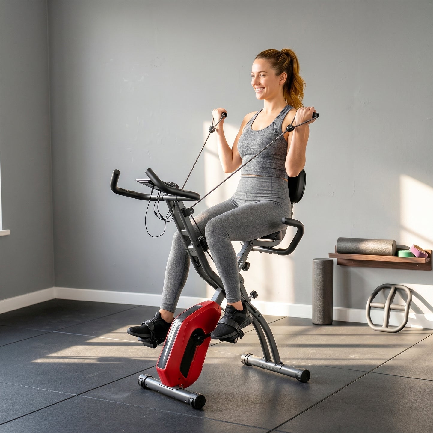 4-In-1 Folding Exercise Bike with Resistance Bands, Bluetooth App, 8-Level Magnetic Resistance, LCD Display, Red