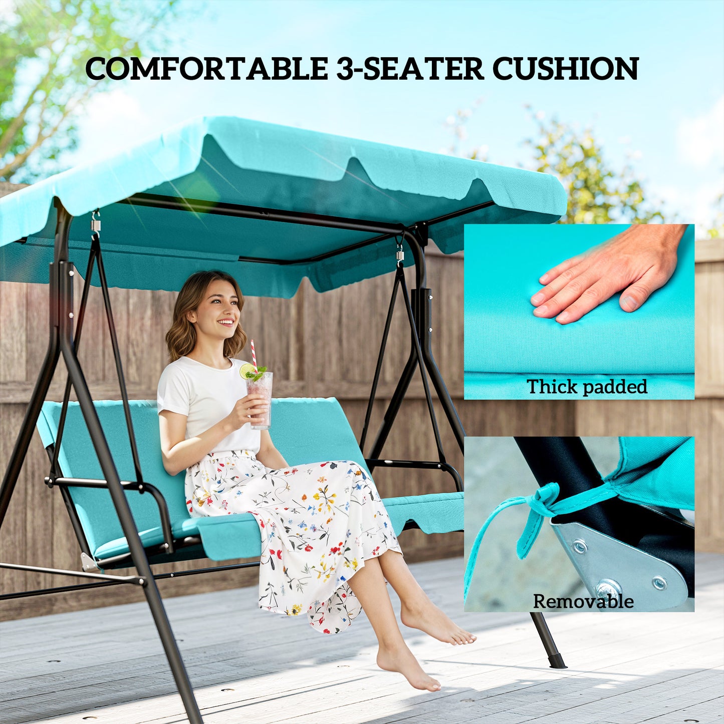 Three-Seater Garden Swing Chair, with Adjustable Canopy - Teal
