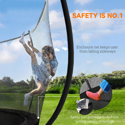 8ft Outdoor Trampoline with Enclosure Net, Spring Cover, Black