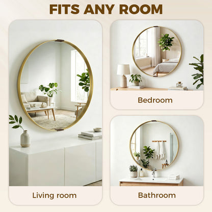 Round Wall Mirror 61 cm, Wall Mounted Bathroom Mirror with Tempered Safety Glass and Aluminium Alloy Frame, Gold Tone