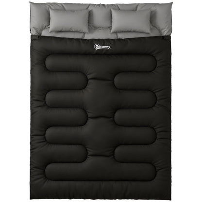 Double Sleeping Bag with 2 Pillows, 220 x 160 cm Extra-Large Sleeping Bag for Adults, Black