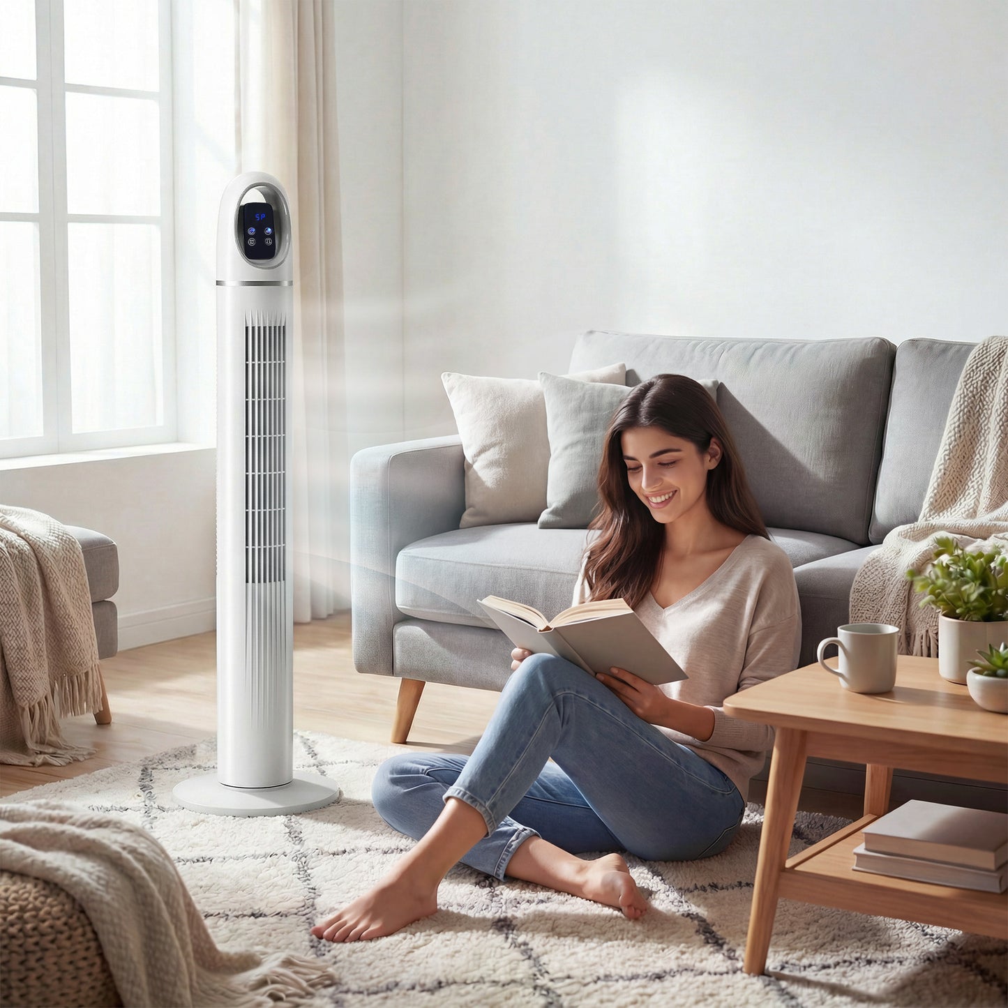 Tower Fan for Bedroom, Standing Floor Fan with Oscillating, 3 Modes, 3 Speeds, 24 Hour Timer, White