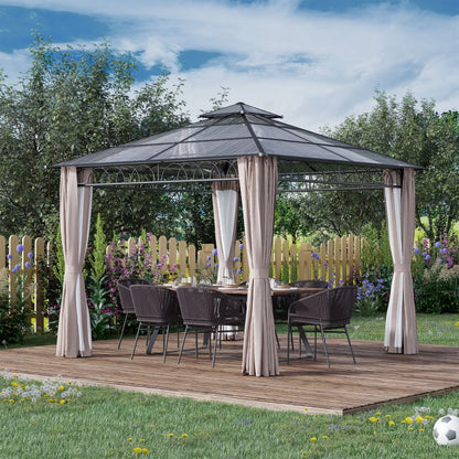 Hard Top Double Polycarbonate Roof Gazebo with Nettings & Curtains - 3x3 (m) - Grey Clear / Khaki